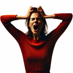 A woman in a red sweater screams in frustration, gripping her hair with both hands, possibly expressing distress over confusing or misleading food labels.