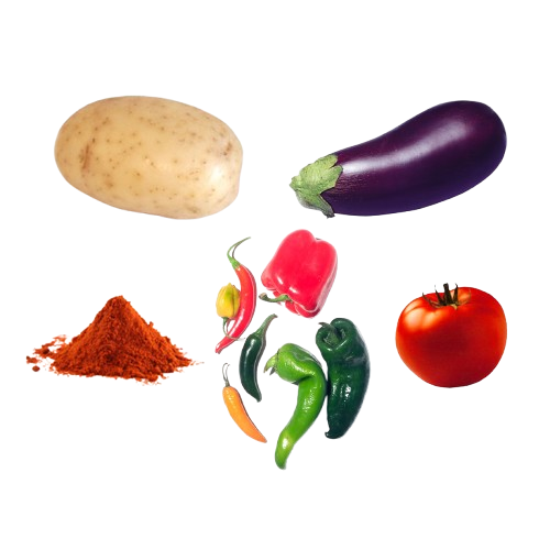 An image displaying various nightshade foods, including potatoes, eggplants, tomatoes, paprika, and an assortment of sweet and hot peppers, with labels identifying each item.
