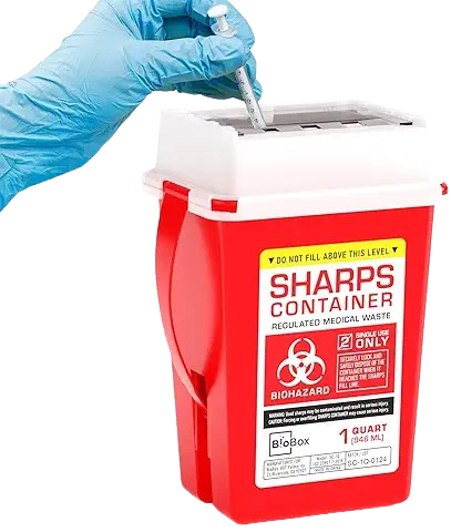a purchased sharps container for safe disposal of epipens