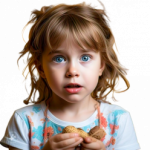 A young girl with a worried expression, holding her hands up in fear as she looks at a peanut on a table, representing her peanut allergy.