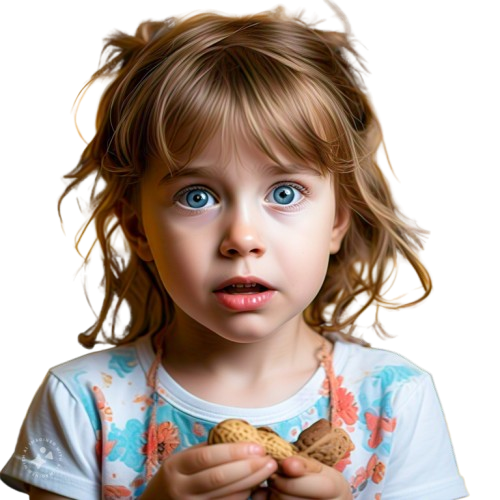 A young girl with a worried expression, holding her hands up in fear as she looks at a peanut on a table, representing her peanut allergy.